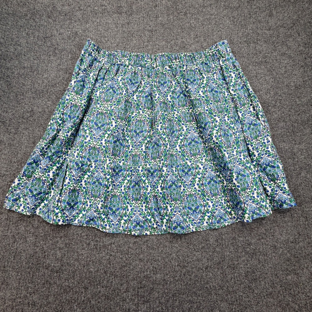 Boden Mini Skirt Womens 14 Blue Green Floral 100% Linen Damask Elastic Waist NEW - Picture 3 of 10